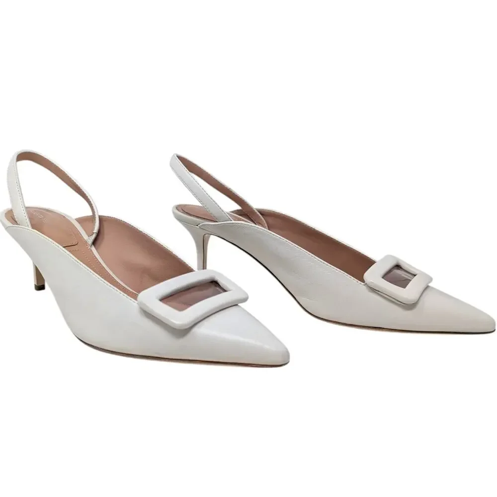 Alberta Ferretti White Leather Slingback Heels Buckle Size 38